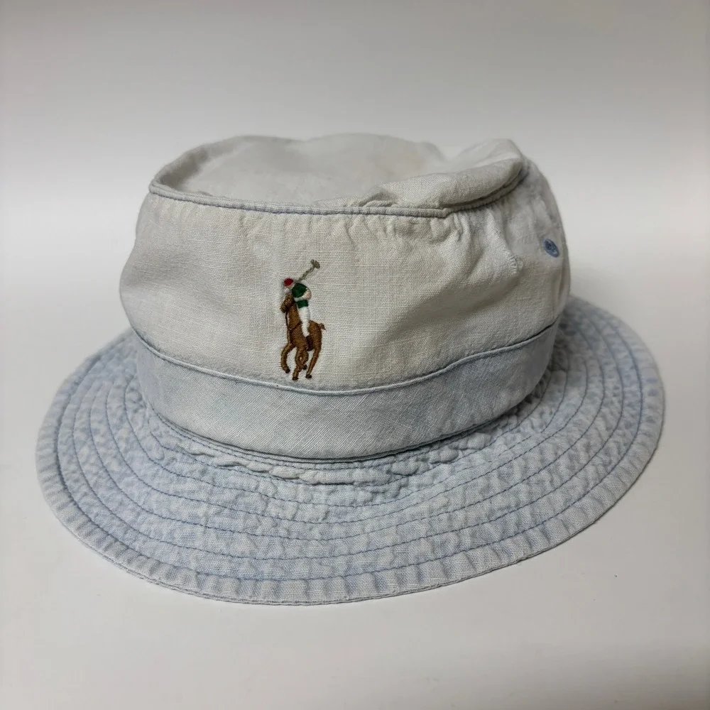 VTG Polo Ralph Lauren Light Blue Linen Blend Pony Logo Bucket Hat XS 6 5/8 Prep
